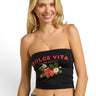 SaltTree ANWND black strapless tube top with Dolce Vita Italian Market graphic and strawberry print on a blonde model