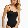 SaltTree model wearing a black ANWND sweetheart neckline bodysuit with adjustable spaghetti straps and fitted design.