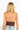 SaltTree ANWND brown ribbed halter crop top seen from the back on a blonde model with light wash denim jeans