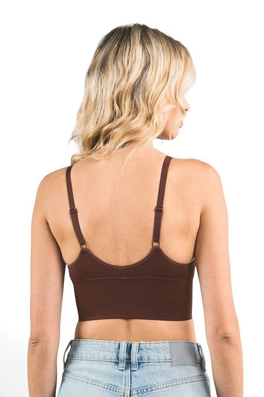 SaltTree ANWND brown seamless cropped bralette with adjustable spaghetti straps worn by a blonde model, back view