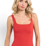 SaltTree ANWND red square neck bodysuit with wide straps worn by a blonde model with blue jeans