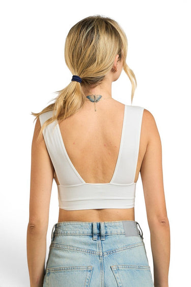 SaltTree ANWND white ribbed sleeveless crop top with a deep low back design worn by a model