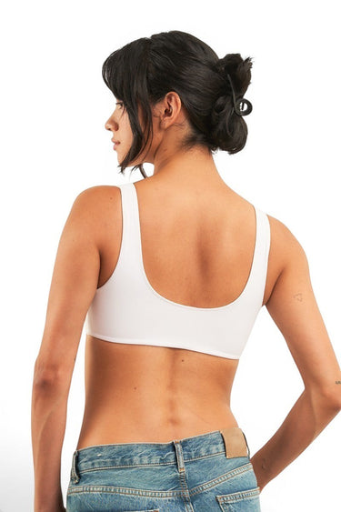 SaltTree ANWND white scoop neck bralette with wide straps worn by a model, back view showing smooth stretch fabric.