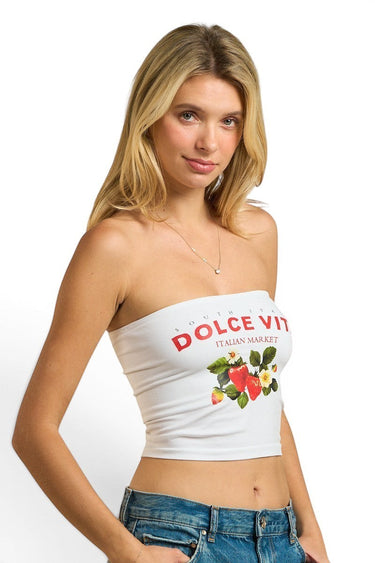SaltTree ANWND white strapless tube top with Dolce Vita Italian Market graphic and strawberry print on a model