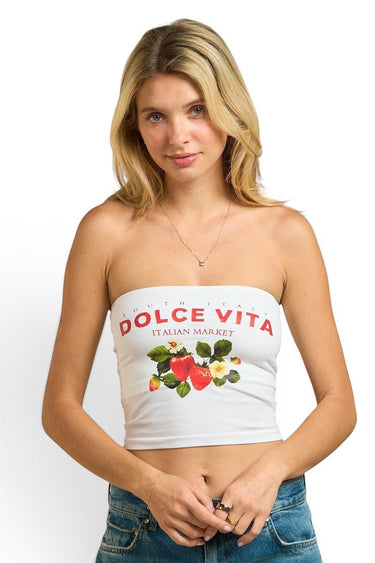 Model wearing SaltTree ANWND white strapless tube top with Dolce Vita Italian Market and strawberry graphic print
