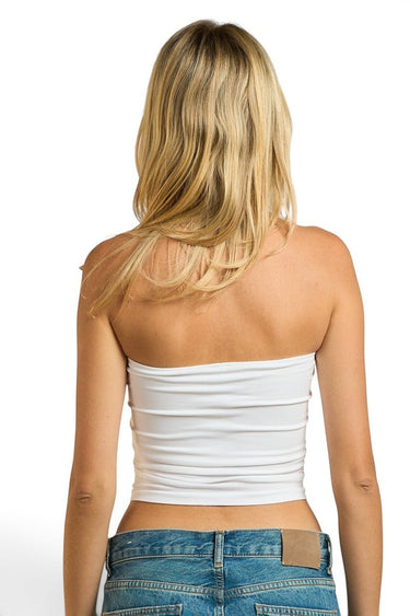 SaltTree ANWND white strapless tube top worn by a blonde model, back view showing fitted stretch knit fabric.