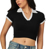 SaltTree Love Poem black cropped polo top with white contrast collar and short sleeves on a model