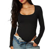 SaltTree model wearing a black Love Poem long-sleeve scoop neck bodysuit with double-layer smoothing fabric.