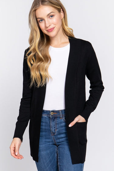 SaltTree model wearing a black Active Basic open front sweater cardigan with rib banded trim and front pockets.