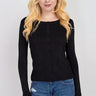SaltTree Active Basic black round neck cardigan with button-front closure worn by a blonde model in junior sizing.