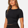 SaltTree Love Poem black seamless crew-neck crop top with cap sleeves worn by a model