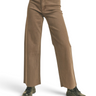 SaltTree high-rise brown stretch twill wide-leg pants with a raw hem, worn by a model in a cream sweater.