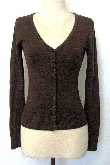 SaltTree brown V-neck button-front cardigan in a soft viscose-nylon blend, featuring a fitted junior silhouette.