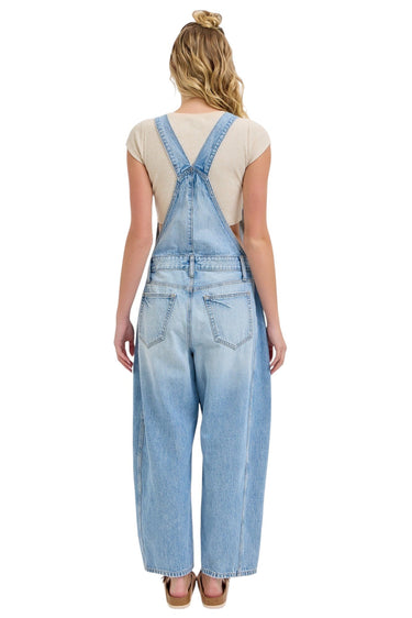 SaltTree Cello Jeans light wash denim barrel leg overalls with racerback straps and patch pockets, back view