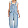 SaltTree model wearing Cello Jeans light wash denim barrel leg overalls with square neck and racerback straps