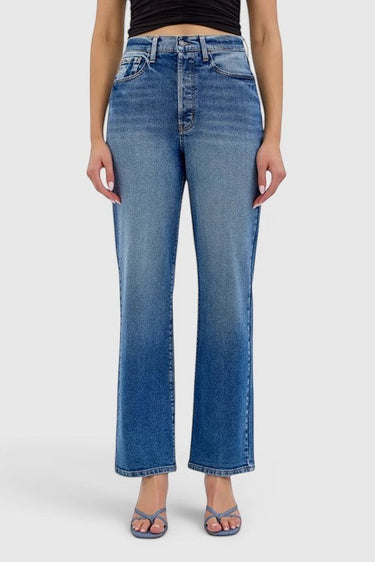 SaltTree Cello Jeans super high rise dad jeans in medium wash denim with a relaxed straight leg and 31 inch inseam.
