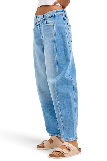 SaltTree Cello Jeans light wash mid rise barrel leg denim with a unique asymmetric front closure and cropped hem