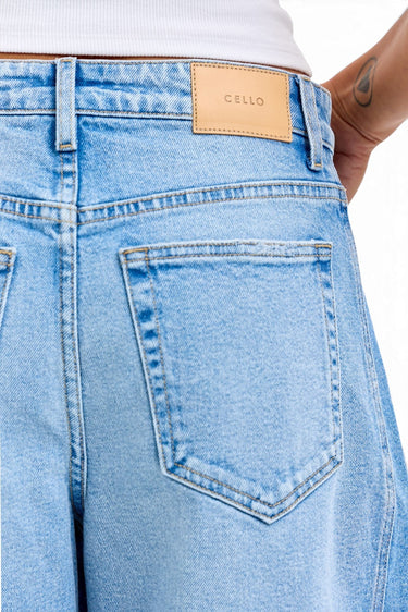 SaltTree Cello Jeans light wash denim with a tan leather brand patch on the back waistband and classic pockets.