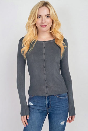SaltTree model wearing a charcoal grey Active Basic round neck button-front cardigan in a soft viscose-nylon blend.