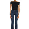 SaltTree dark wash high rise bootcut stretch jeans with a 33" inseam and 18" leg opening.
