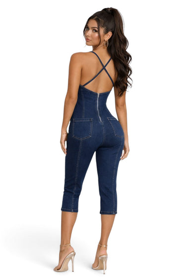 SaltTree DIOSA dark wash denim corset capri jumpsuit with crossback straps and back zipper, worn by a model.