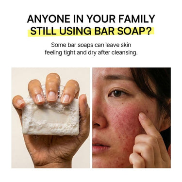 SaltTree comparison showing a soapy bar versus a person with irritated skin to highlight gentle facial cleansing