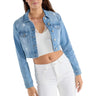 SaltTree Enjean light wash cropped denim jacket with destructed detailing worn by a model in a white crop top.