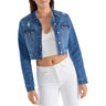 SaltTree model wearing an Enjean cropped denim jacket with destructed details, stone wash, and button-front closure.