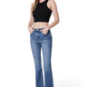 SaltTree model wearing Flying Monkey high rise bootcut jeans in medium blue wash with center front seams and raw hem