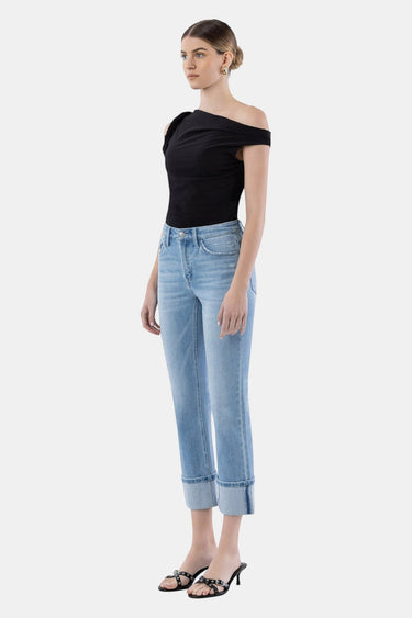 SaltTree Flying Monkey medium light wash high rise slim straight jeans with a 4" single cuff crop hem and comfort stretch denim.