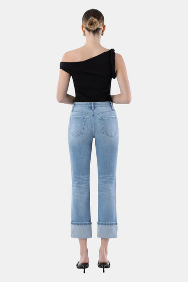 SaltTree Flying Monkey medium light wash high rise slim straight crop jeans with a 4-inch single cuff hem.