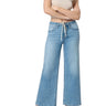 Model wearing SaltTree Flying Monkey medium wash high-rise drawstring wide-leg cropped jeans with a trouser crease.