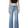 SaltTree Flying Monkey high rise vintage flare jeans in medium wash with slant side seams and distressed raw hem.