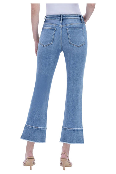 SaltTree Flying Monkey high rise medium wash kick flare jeans with a trouser slit hem viewed from the back