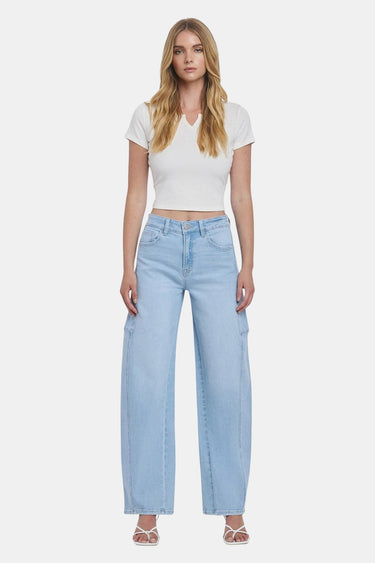 SaltTree Flying Monkey light wash denim barrel leg jeans with a super high rise and full length finished hem.