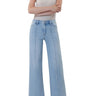 SaltTree model wearing Flying Monkey light wash high rise wide leg jeans with front cut seam detail and 31 inch inseam