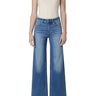 SaltTree model wearing Flying Monkey high rise wide leg trouser jeans in medium wash with a front crease