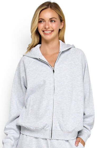 SaltTree model wearing a soft ice grey fleece zip-up hoodie with a drawstring hood and relaxed fit