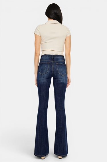 SaltTree Kancan mid rise flare jeans in dark stone wash stretch denim with a 33.75" inseam.