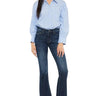 SaltTree Kancan mid-rise flare petite jeans in dark wash denim with whiskering and contrast stitching.