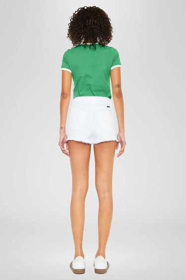 SaltTree Lorena white high rise denim shorts with distressed finish and fringe detailing, 2 1/2" inseam.