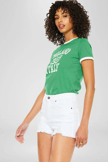 SaltTree Lorena white high rise denim shorts with distressed finish and fringe detailing, 2 1/2" inseam.