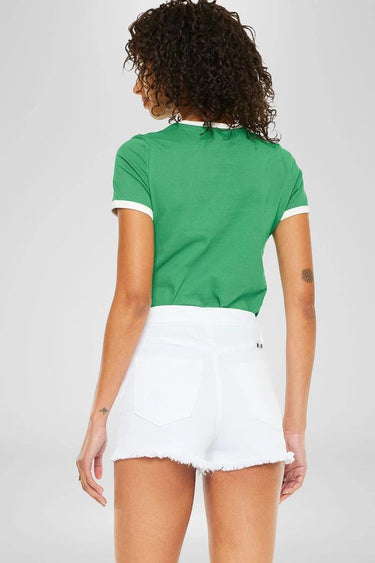 SaltTree Lorena white high rise denim shorts with distressed finish and raw fringe hem, 2 1/2" inseam.