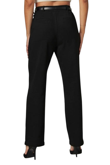 SaltTree Love Poem black high-rise straight-leg scuba knit pants with belted waist, back view on model.