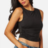 SaltTree Love Poem black sleeveless boatneck top in smoothing double-layer jersey worn by a model with jeans