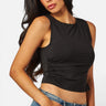 SaltTree Love Poem black sleeveless boatneck top in smoothing double-layer jersey worn by a model with jeans