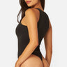 SaltTree Love Poem black sleeveless high-crewneck bodysuit with double-layer contour fabric on a model, side view
