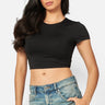 SaltTree Love Poem black double-layered cropped crew neck t-shirt worn by a model with blue jeans
