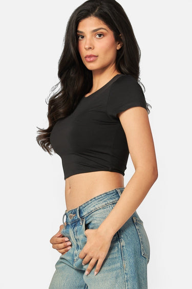 SaltTree Love Poem black double-layered crew neck cropped t-shirt on a model wearing blue jeans