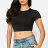 SaltTree Love Poem black double-layered cropped crew neck t-shirt worn by a model with blue jeans